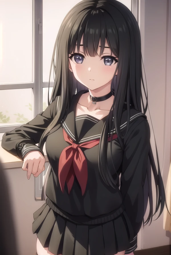 rinnebyakuya, <lora:rinne byakuya ova-lora-nochekaiser:1>,
rinne byakuya, long hair, bangs, black hair, (black eyes:1.5), blunt bangs,
BREAK skirt, thighhighs, long sleeves, school uniform, serafuku, choker, black thighhighs, black skirt, collar, zettai ryouiki, black serafuku,
BREAK indoors, classroom,
BREAK looking at viewer, (cowboy shot:1.5),
BREAK <lyco:GoodHands-beta2:1>, (masterpiece:1.2), best quality, high resolution, unity 8k wallpaper, (illustration:0.8), (beautiful detailed eyes:1.6), extremely detailed face, perfect lighting, extremely detailed CG, (perfect hands, perfect anatomy),