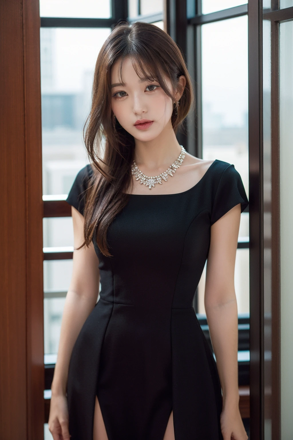 masterpiece,best quality,1girl,upper body,looking at viewer, standing,
black dress, short dress, model,
brown hair, long hair,
necklace,ginza,stone floor, window, simple background, 
<lora:yuanying:0.5>