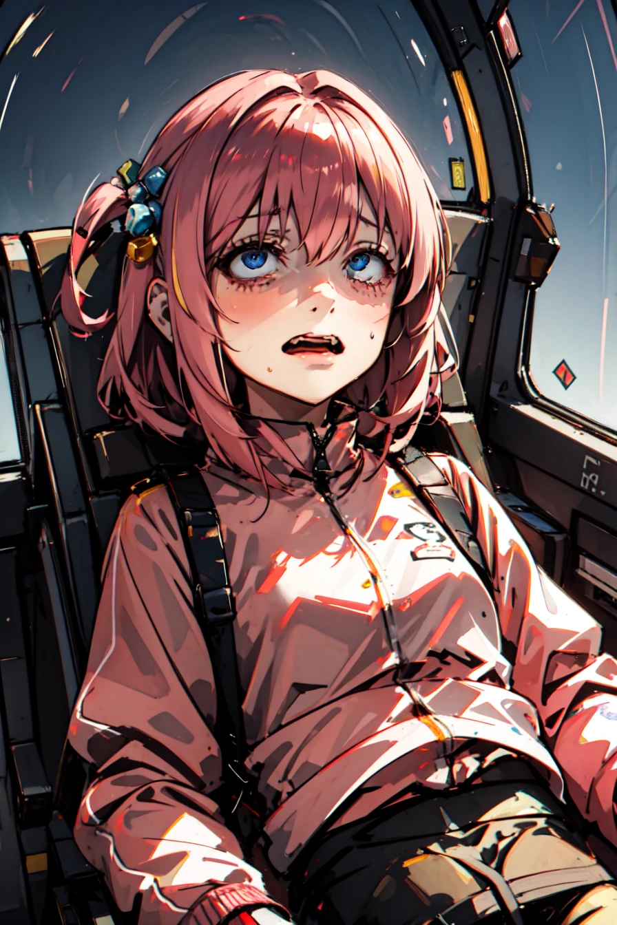 <lora:yomama_fighter_jet_pilot_selfie_v2-10:0.8>yomama_fighter_jet_pilot_selfie_v2, 1girl, ((young girl)),teenage, girl, <lora:bocchi_gotoh-17:0.8> gotohdef, one side up, cube hair ornament, pink jacket, track jacket, long sleeves, long pink hair, <lora:scaredExpression_v157:0.6> scared expression, clenched teeth, open mouth