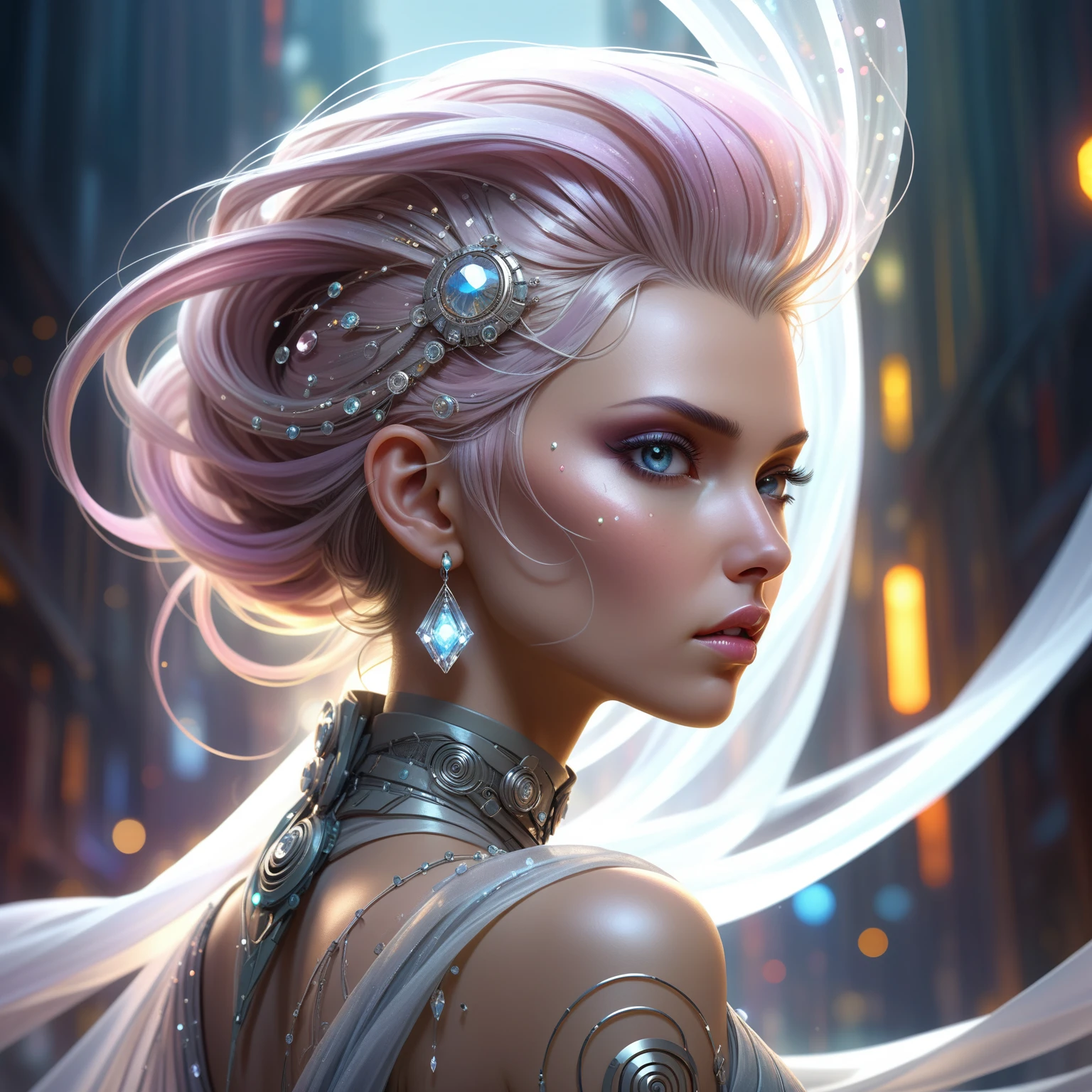 neonpunk style best quality,Epic,highly detail,Illustration,Cover,enigmatic figure,draped in translucent fabric,crystals adorning hair,dreamlike swirl,pastel hues,soft light,evoking calm serenity and elusive beauty,Non-representational,colors and shapes,expression of feelings,imaginative,highly detailed, . cyberpunk