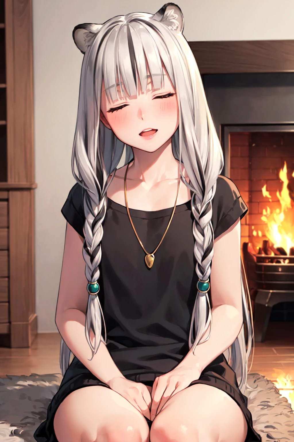 ((masterpiece)), (best quality), (ultra-detailed), photorealistic, (best illustration), ((an extremely delicate and beautiful)), 1girl, solo, long hair, tiger ears, white hair, two-tone hair, upper body, facing viewer, sweater, ribbed sweater, sitting, closed eyes, short sleeves, indoors, low twin braids, twin braids, hair ornament, blush, <lora:atla_nai_4:0.6:lbw=OUTD> head tilt, fireplace, fire, upper teeth, flat chest, young, aged down, happy, collarbone, necklace,