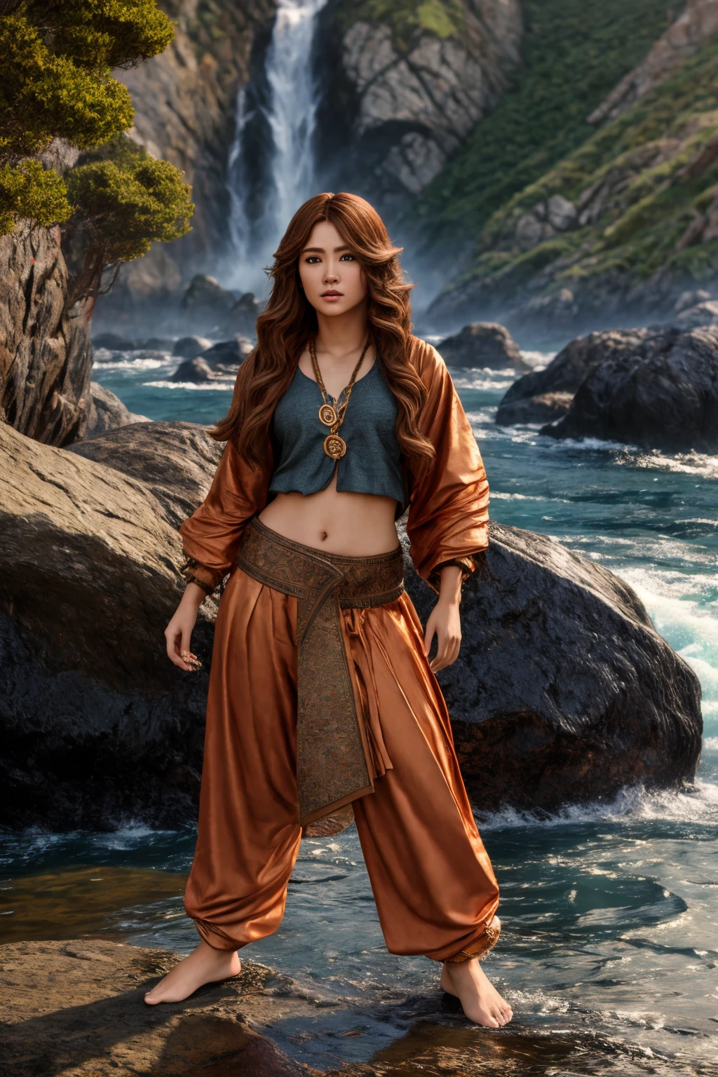 <lora:Thai_pants_v1-000009:1> masterpiece of photorealism, photorealistic highly detailed 8k photography, best cinematic quality, volumetric lighting and shadows, hair flaps copper young woman in thpnt, Rocky Coastlines Panning Shot of a Majestic Waterfall