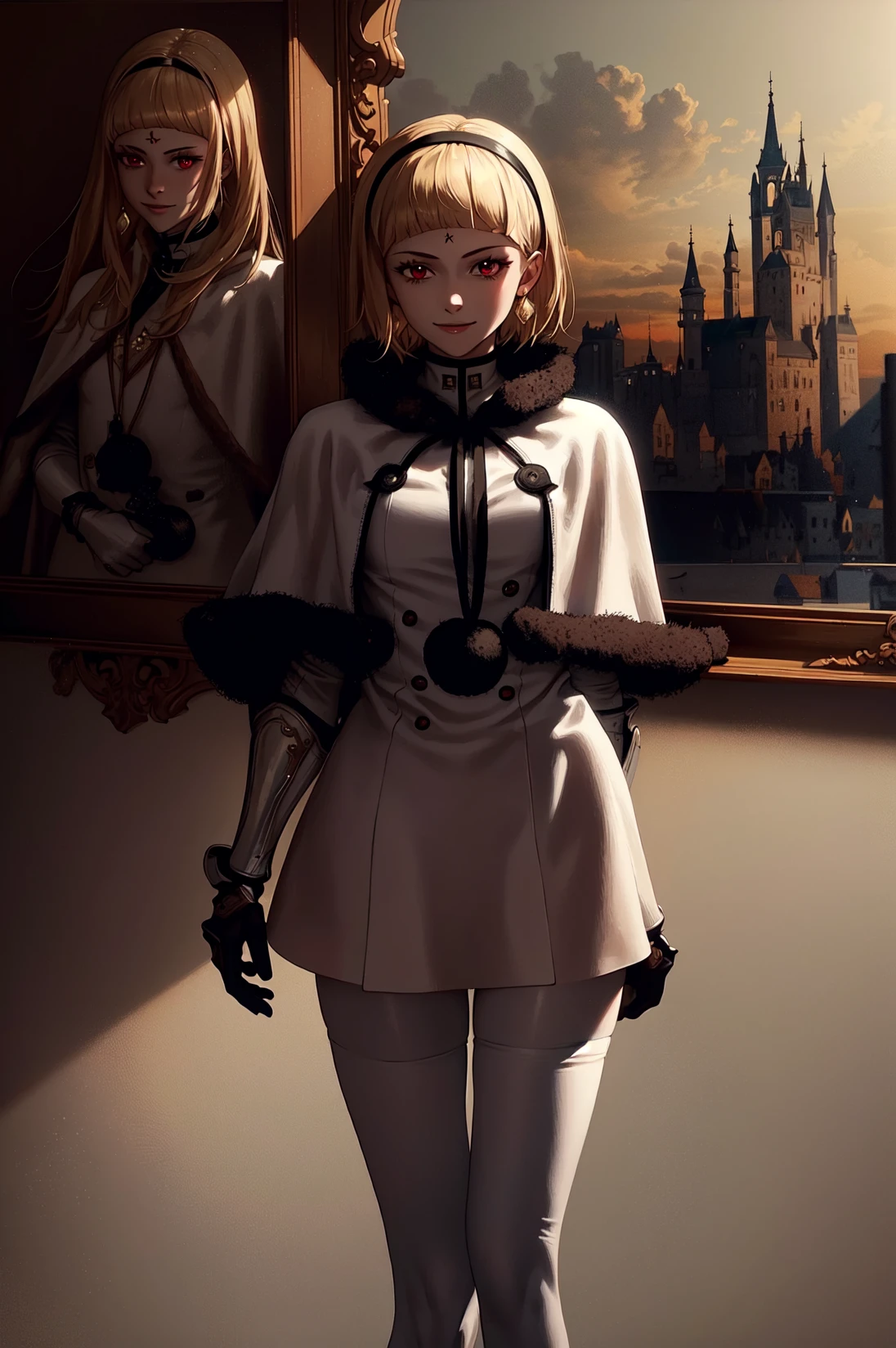 <lora:OneV2.0:0.9>, (masterpiece, best quality:1.2), 1 girl, solo, smile, white boots, white thighhighs, black pantyhose, short dress, capelet, fur trim, gauntlets, black hairband, background,castle,
crimson eye color, blonde hair, wallpaper, detailed painting,