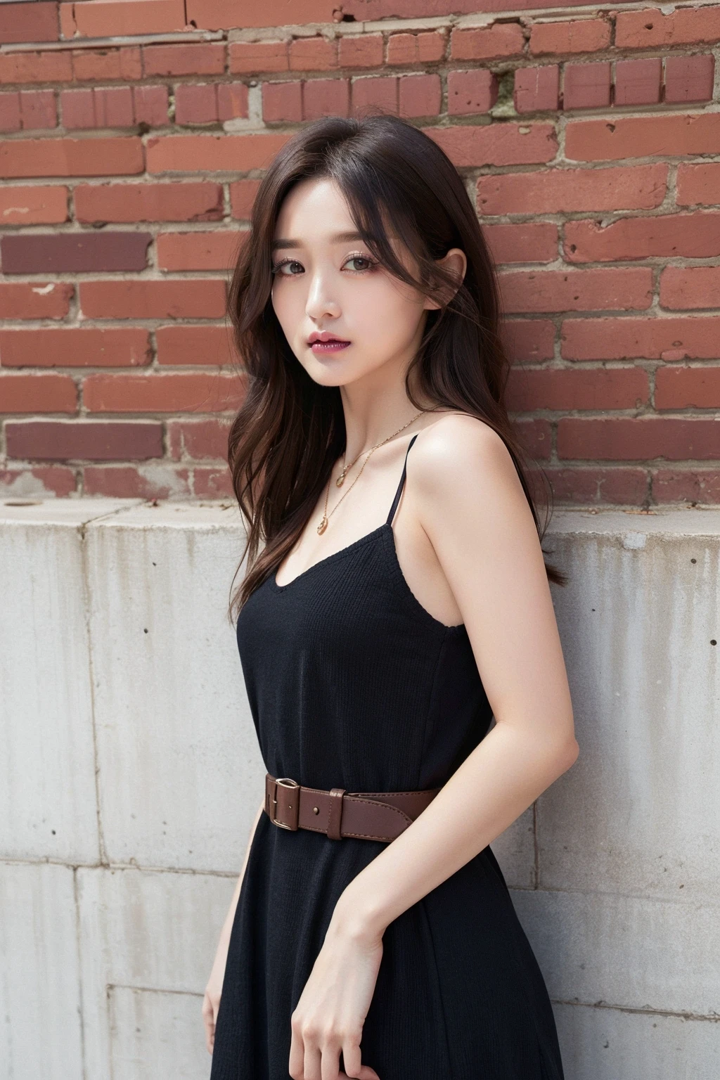 masterpiece,best quality,1girl,upper body,looking at viewer, standing,
black dress, belt, short dress,
brown hair, long hair,small breasts,
necklace,ginza,simple background, outdoors, brick wall, street,
<lora:hongshan:0.5>