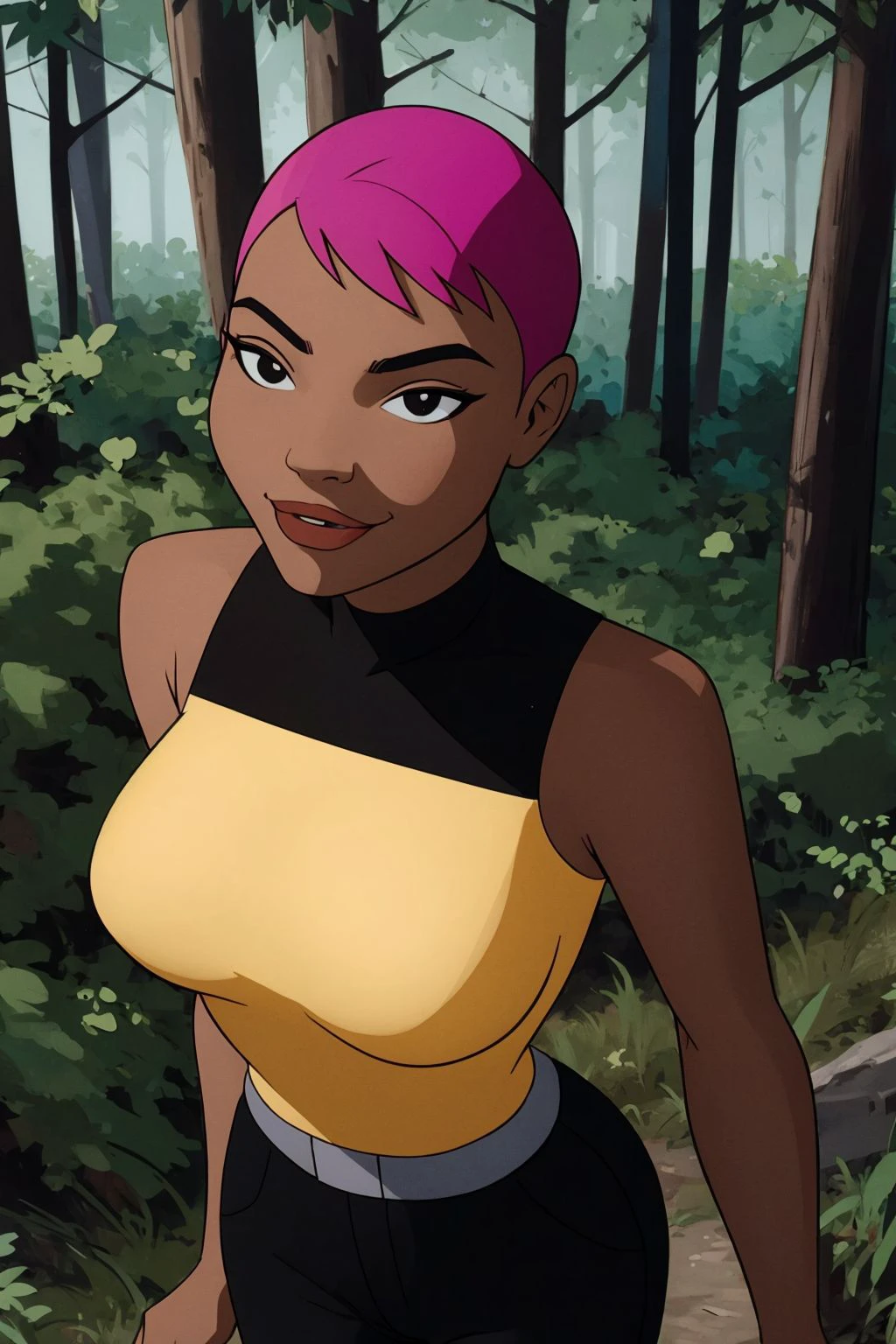 (intricately detailed, best quality, high resolution, highly detailed skin:1.4), <lora:m4x1n3BB-10:0.6> m4x1n3bb, dark-skinned female, short pink hair, black eyes, warm smile, yellow sleeveless top, black pants, (closeup:1.2), (from above:1.1), (northern forest scene:1.4),