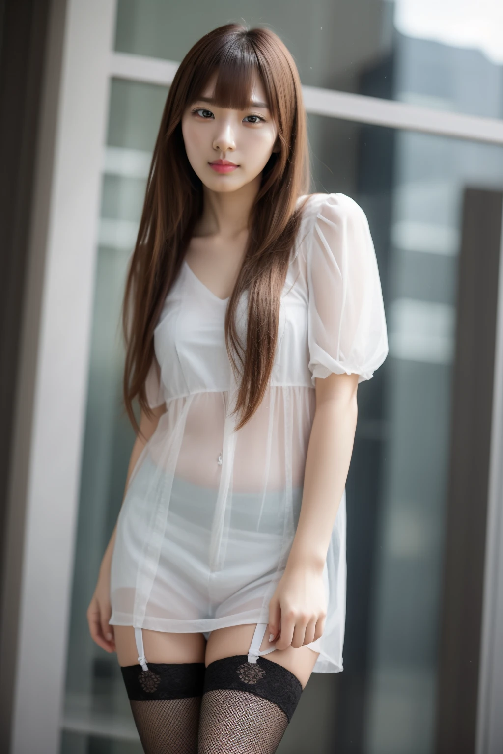 ((different clothes)), (Petite) ,(low angle), (posing to viewer), portrait photo of a girl, 20 years old girl, shy, brown hair, standing, skinny legs, (see-through transparent thigh high stockings, transparent pantyhose),