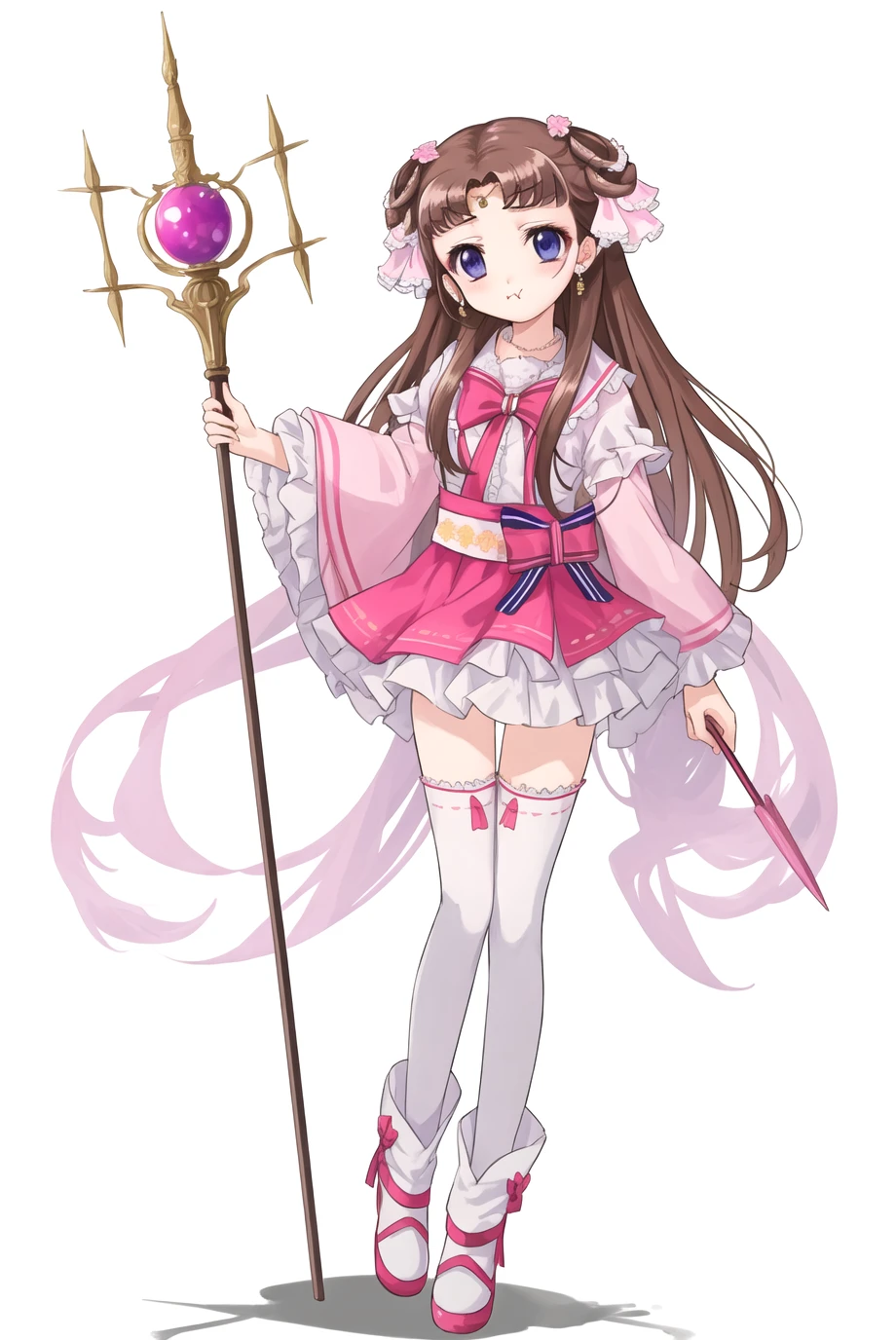 Lishu, solo, 1girl, full body, magical girl, wand, white background, miniskirt, beautiful eyes, pout, 
<lora:kusuriya_EP01to10-loha-bundle-30000:0.95>, <lora:kohakuV5_rev2:0.6>, <lora:linneamix_v74:0.4>