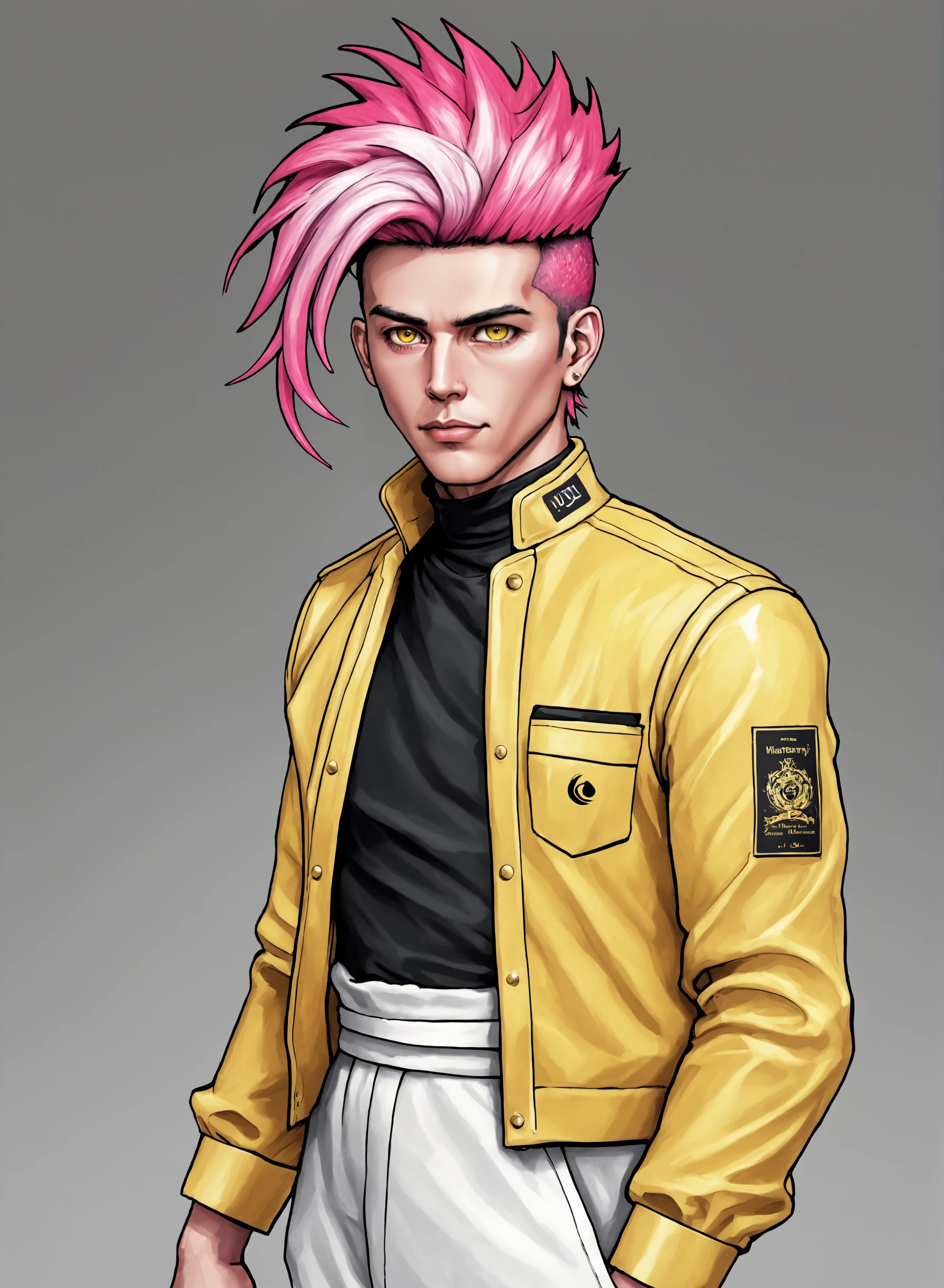 (masterpiece, best quality:1.2), (absurdres, highres, ultra-detailed), (perfect anatomy), best illustration, solo, 1boy, spiked hair, mullet, multicolored hair, two tone hair, pink hair, black hair, male focus, white ribbon, white scarf, jumpsuit, yellow shirt, yellow pants, yellow jumpsuit, masterpiece, official art, best illustration, tone mapping, specular highlights, CANON EOS MARK IV, semi realistic