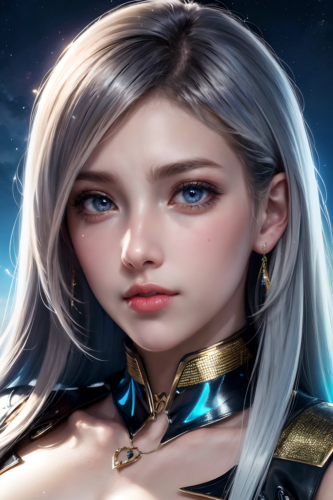The hd beauty digital design and print, in the style of realistic hyper - detailed portraits, futuristic glam, sky - blue and silver, bold colorism, energy - filled illustrations, dark sky - blue and light gold, soft realism