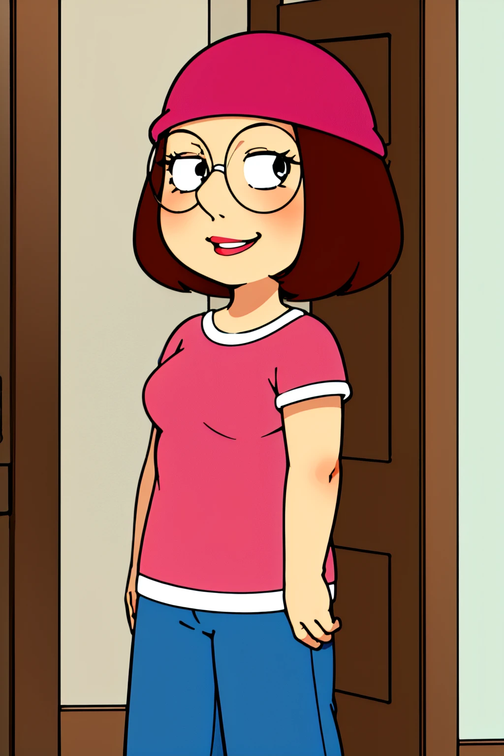meg, brown hair, 1girl, glasses, short hair, solo, flat color, hat, shirt, pants, breasts, pink headwear,smile, looking at viewer, <lora:Meg(FG)-000008:0.7>