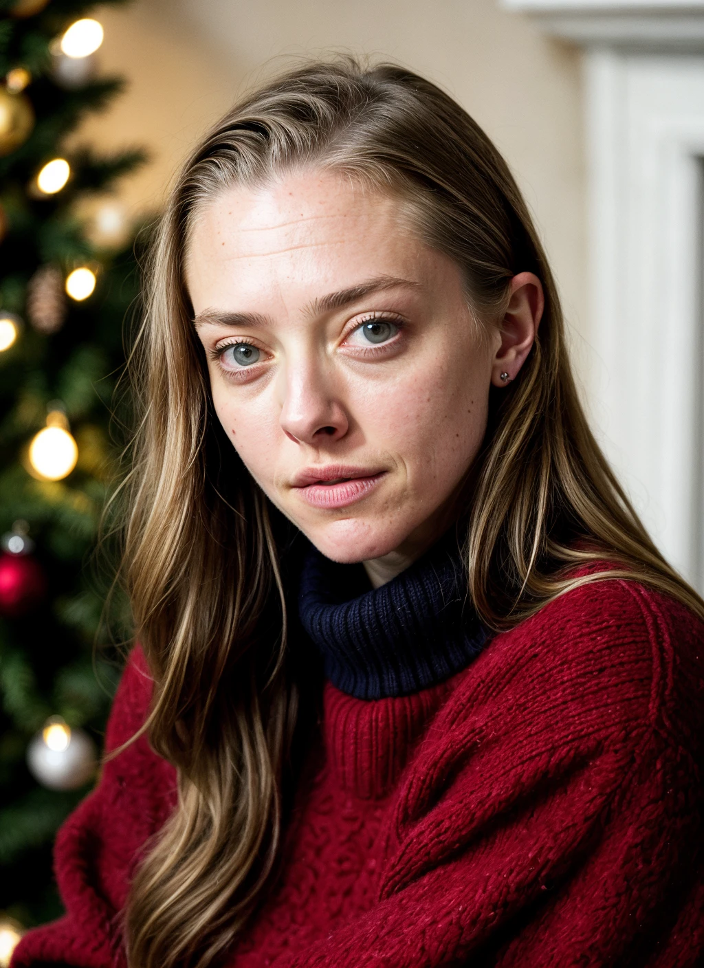 RAW photo of 20 years old amandaseyfried-ti, natural lighting, 8k uhd, dslr, high quality, film grain, Fujifilm XT3, <lora:add_detail:0.7>, by Peter Lindbergh, christmas theme, young, sweater