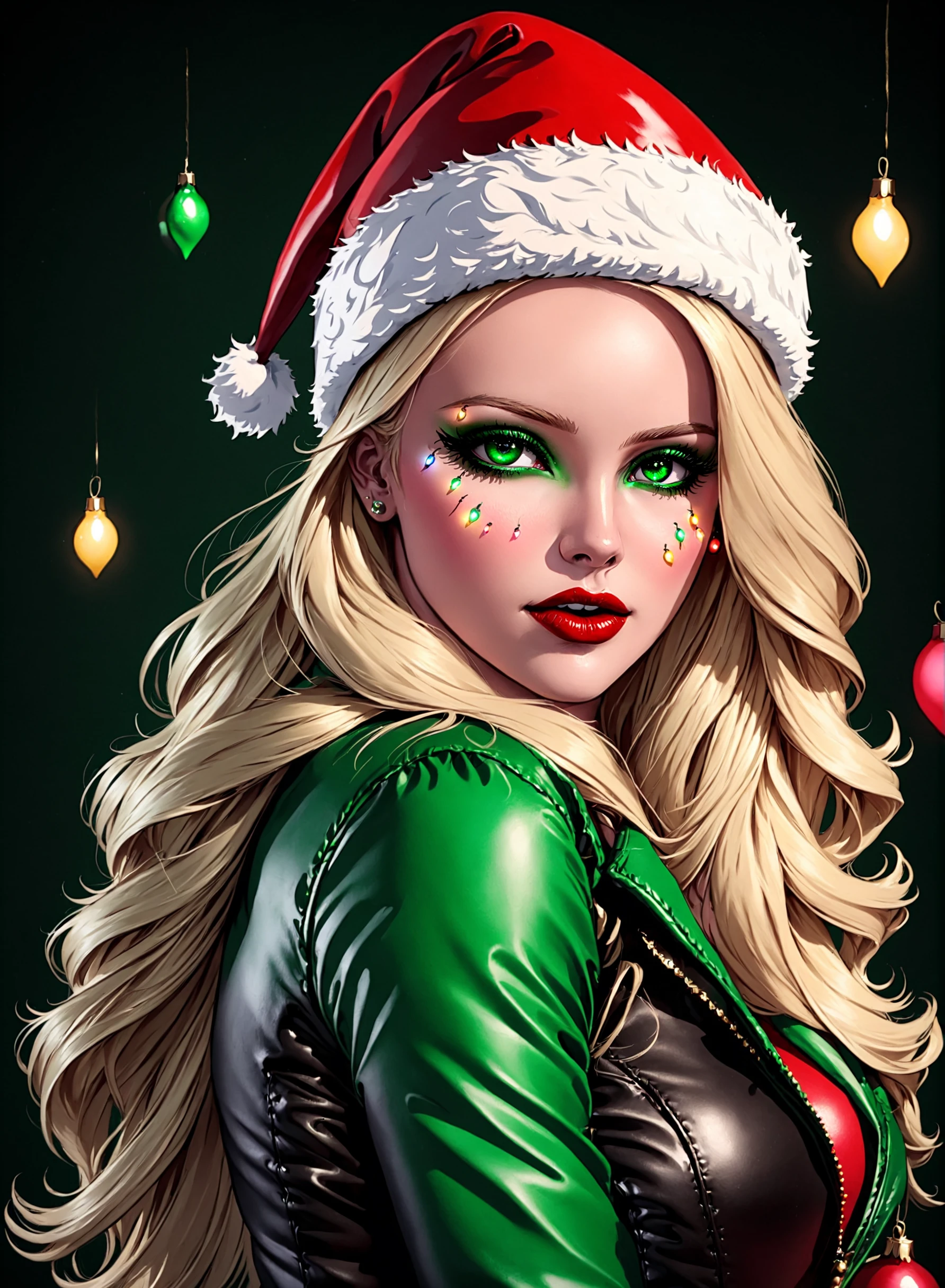 Santa Overlords Style, (masterpiece, best quality, ultra-detailed, best shadow), (detailed background, christmas fantasy), (beautiful detailed face), high contrast, (best illumination, an extremely delicate and beautiful), ((cinematic light)), 1girl, solo, long hair, blonde hair, gloves, hat, elbow gloves, lips, makeup, christmas, santa hat, green blouse, leather jacket, realistic, christmas lights, christmas theme, perfect anatomy, <lora:SantaOverlordsXL:0.8>