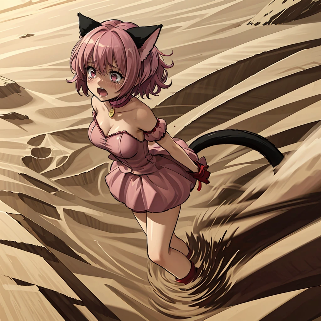 <lora:LCM_LoRA_Weights_SD15:1>,masterpiece,best quality,highly detailed,1girl,solo,scared,panicking,constricted pupils,screaming,raised eyebrows,wide-eyed,crying,tears,
<lora:momomiya_ichigo_v2:0.75>, blush,bow,cat girl,cat tail,choker,cleavage,detached sleeves,dress,gloves,large breasts,magical girl,mi1,pink choker,pink dress,puffy detached sleeves,puffy sleeves,red gloves,ribbon,tail,tail bell,tail bow,tail ornament,short hair,pink hair,
BREAK
<lora:sandSinking:0.4>,desert,in sand,sand dust,(((sinking in sand,submerged in sand, standing, legs))),full body,