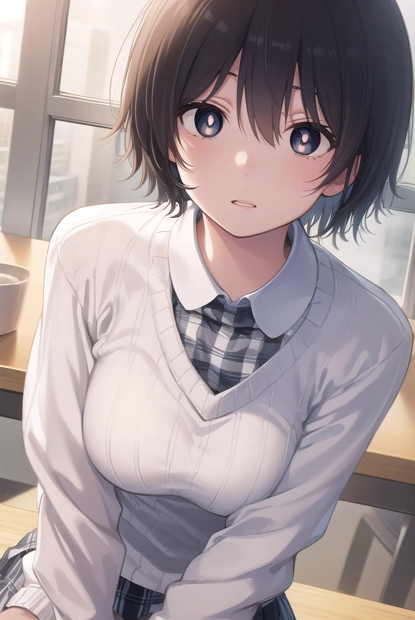 tsubomiharuno, <lora:tsubomi haruno manga-lora-nochekaiser:1>,
tsubomi haruno, short hair, black hair, (black eyes:1.5), (bright pupils:1.5),
BREAK skirt, plaid, plaid skirt, sweater, long sleeves, shirt, white shirt, collared shirt, (white sweater:1.5),
BREAK indoors, classroom,
BREAK looking at viewer, (cowboy shot:1.5),
BREAK <lyco:GoodHands-beta2:1>, (masterpiece:1.2), best quality, high resolution, unity 8k wallpaper, (illustration:0.8), (beautiful detailed eyes:1.6), extremely detailed face, perfect lighting, extremely detailed CG, (perfect hands, perfect anatomy),