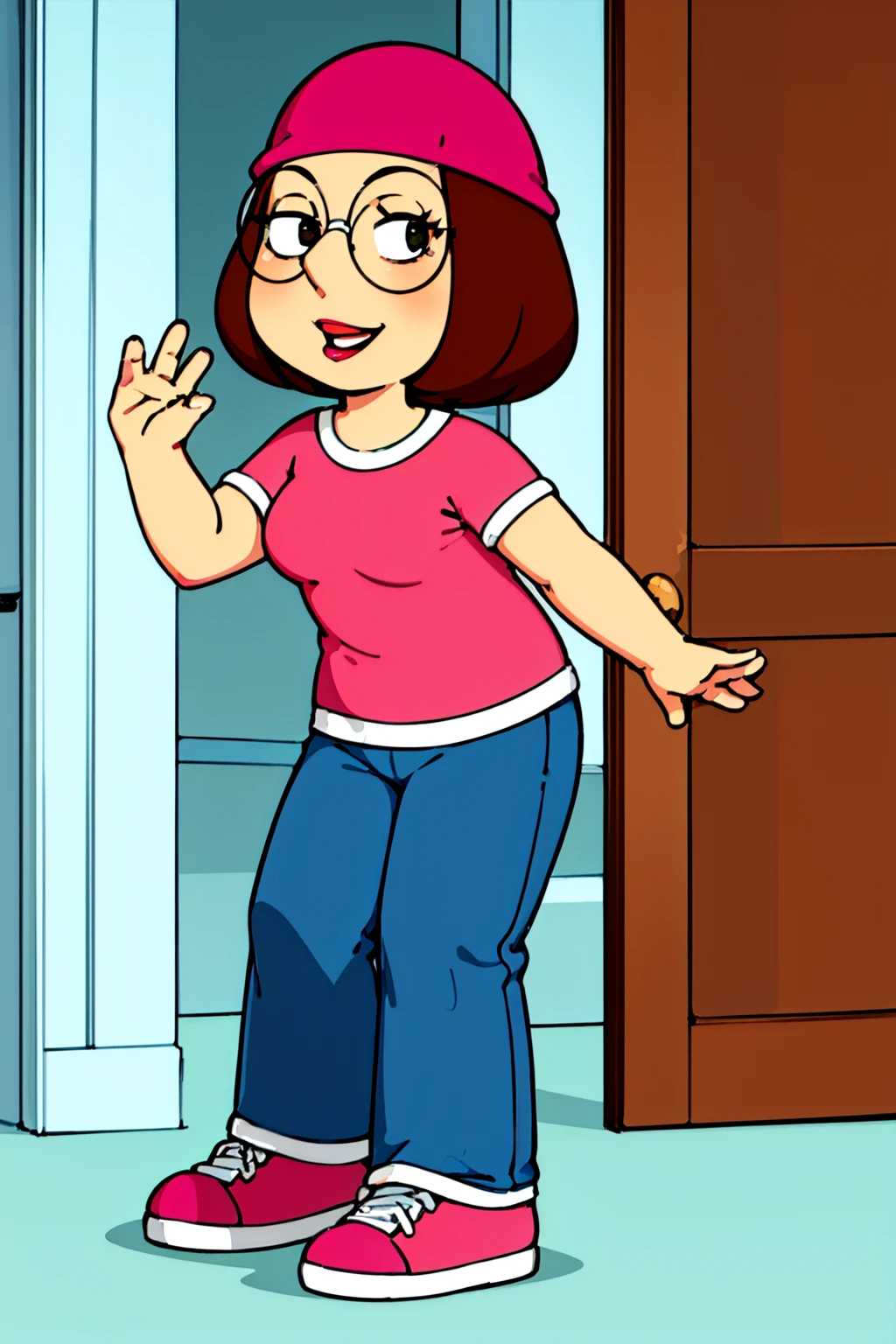 meg, brown hair, 1girl, glasses, short hair, solo, flat color, hat, shirt, pants, breasts, pink headwear,smile, looking at viewer, <lora:Meg(FG)-000008:0.7>