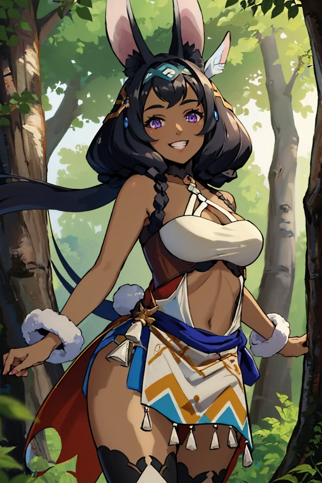 (masterpiece, best quality:1.2), solo, 1girl, laranoa, dark skin, grin, looking at viewer, twintails, rabbit ears, halterneck, pelvic curtain, thighhighs, cleavage, forest <lora:dragalialost_laranoa-15:1>