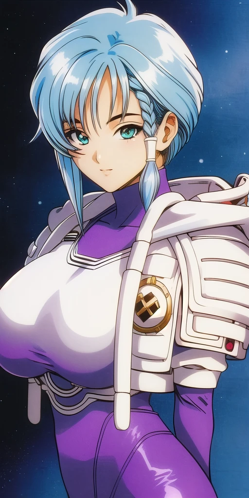miharuga, 1girl, solo, pilot suit, gloves, standing, looking at viewer, moon, starry sky, 1990s \(style\), cowboy shot, dutch angle, expressionless, <lora:miharuga_V2-10:0.7>
