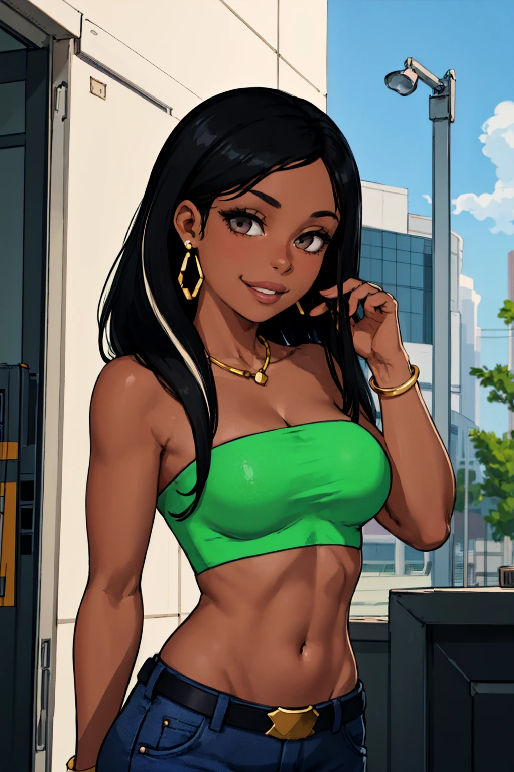 roberta, dark-skinned female, lips, 1girl, dark skin, black hair, long hair, earrings, solo, breasts, tube top, necklace,upper body, crop top, bracelet, crop top, navel, pants, belt,looking at viewer, smile, standing, two-tone hair, <lora:Roberta(1.0):0.5>