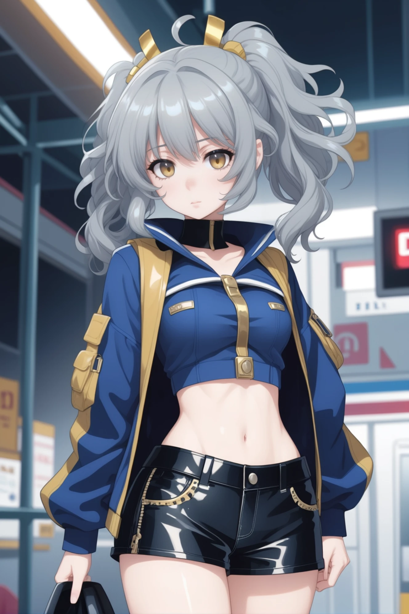 <lora:EnvySendNoodzXL01:-1>1girl, woman, goth girl, cute, cameltoe, [:outlandish, skimpy costume design,:0.2], bombshell punk hair, shiny slate gray hair, drill hair, torn leather shorts, bombshell hair, gold hair, curly hair, long hair, slim, atheletic figure, narrow waist, medium breasts, caucasian<lora:EnvyRetroDreamXL01:1>