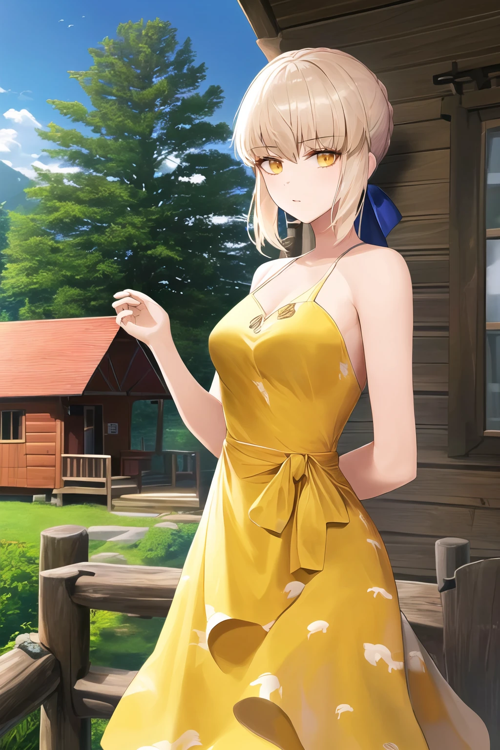 (high quality, high resolution:1.3), 4k, masterpiece, detailed background, cabin, nestled in woods, rustic charm, natural surroundings , <lora:Cotta_Style-21:0.75>
BREAK
<lora:Saber_Alter-12:0.85>  Saber_Alter, Printed wrap dress with a ruffle hemline , standing, upper body, cowboy shot,  <lora:GoodHands-beta2:1.0>