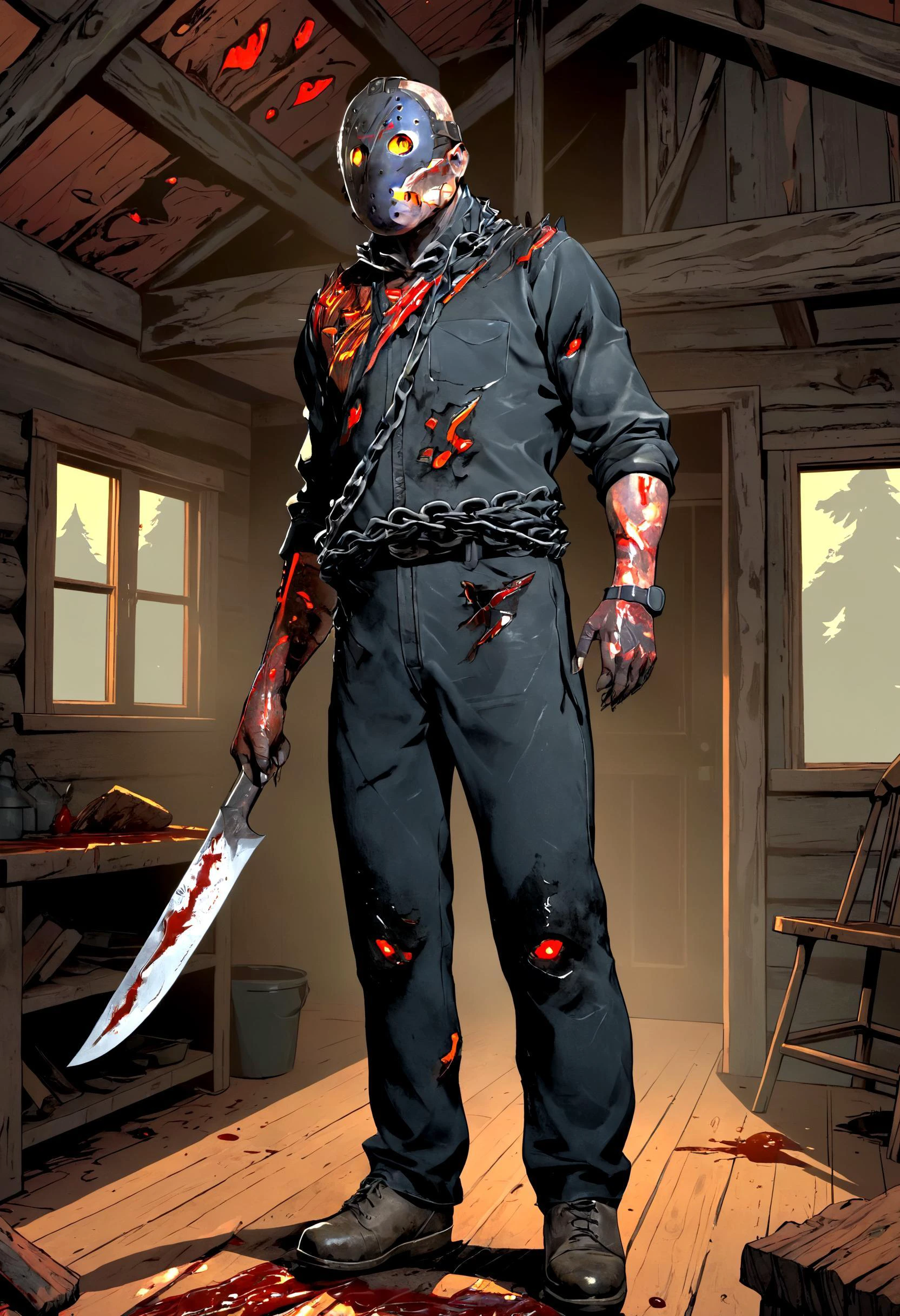 savinijason, solo, standing, bloody machete, ((graphic novel illustration style)), log cabin, <lora:savinijason:1>