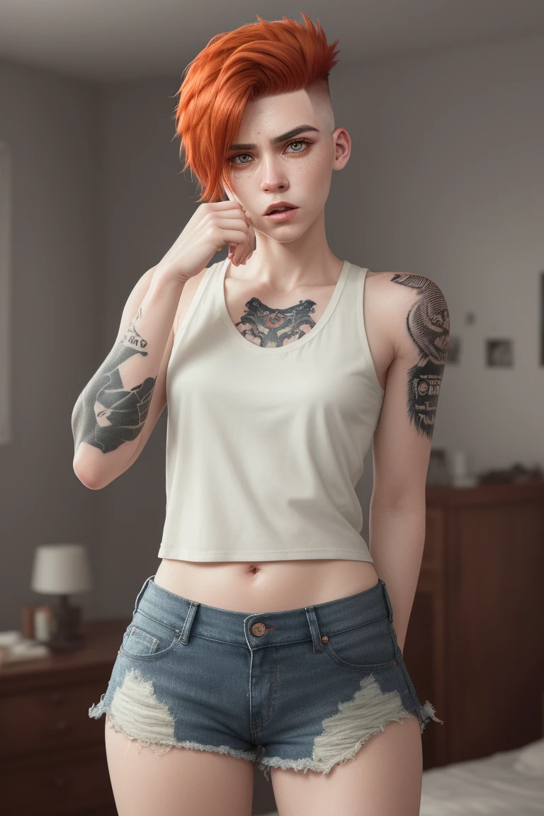 Masterpiece, ((Cartoon)), sexy, spunky, (style of Serpieri, john kricfalusi)
highly detailed RAW color Photo of gorgeous stunning tomboy, (tattoos) Eurasian woman sneering at the viewer, obscene gesture, (ginger short fade hair, undercut hairstyle with shaved sides, (s3m1sh4v3d)), (white cotton tank top), (ripped denim shorts), (thicc hips), (highly detailed legs), (Highly detailed ), (highly detailed hair), (highly detailed flat chest), fit, realistic hands, (freckles,:0.5), (skin pores), fit body, (highly detailed body, highly detailed face), Messy bedroom background, (perfect lighting, shadows), natural skin texture, High definition, 4K, pores, (realistic, DSLR, 35mm photography, LUT, soft natural lighting, cinematic, soft color palette, dimmed colors),