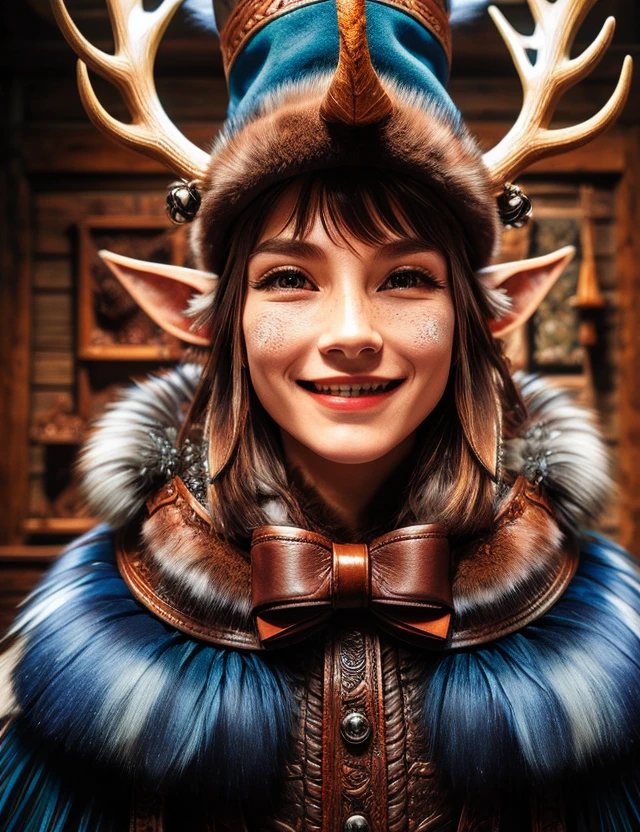 hyper detailed masterpiece, dynamic, awesome quality, leather, fur, hyper detailed masterpiece, dynamic, awesome quality, DonMR31nd33rXL leather, fur, blue azure christmas elf, small humanoid creature, pointed ears, bright and festive attire, pointed hat with a bell on the tip, merry cheerful expression, rosy cheeks, lively eyes, joyful, industrious, and mean grin, workshop <lora:DonMR31nd33r:0.65>