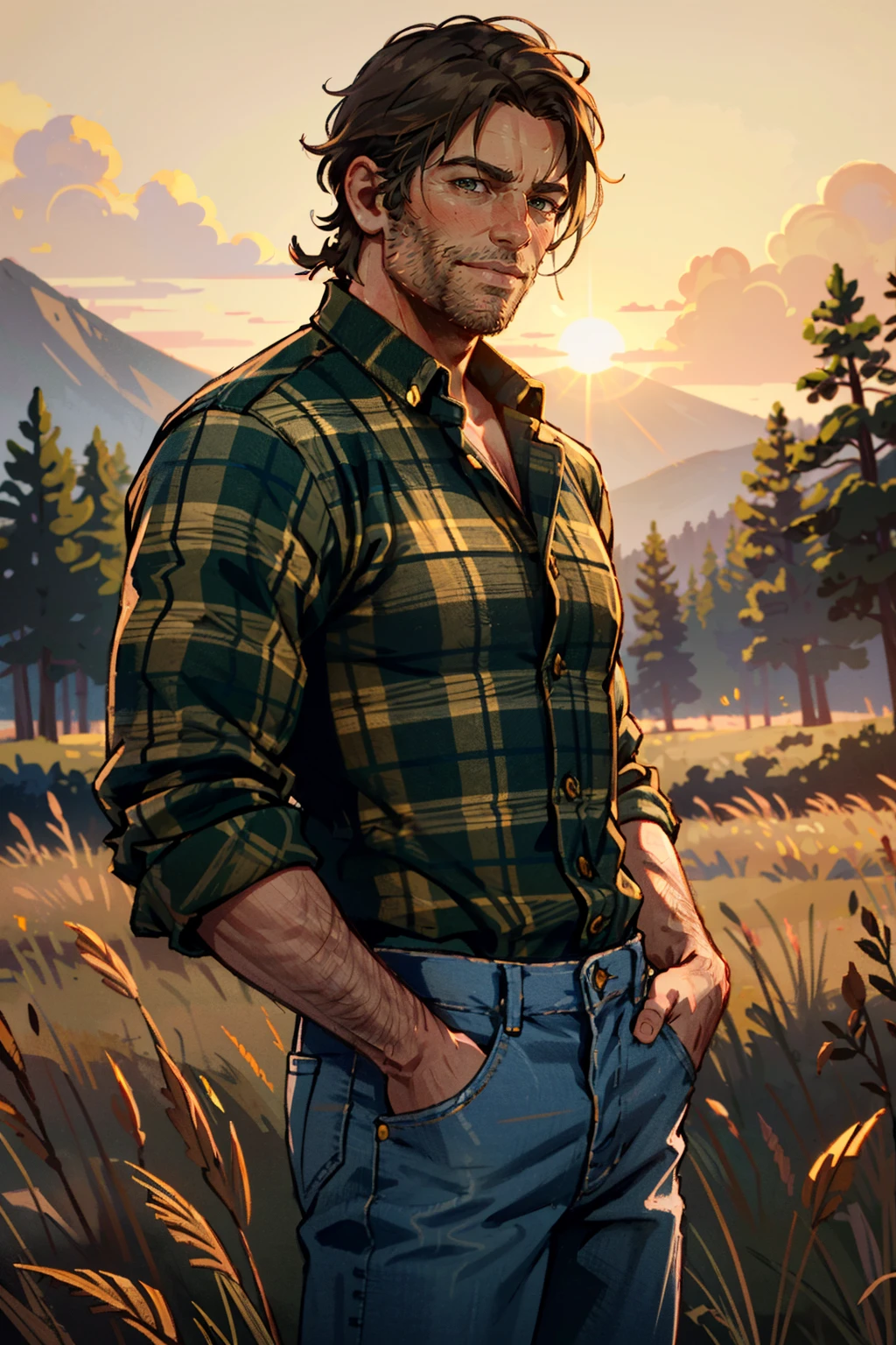 ((ultra detailed, masterpiece, best quality))
<lora:RDR2Arthur:0.8>
RDR2Arthur, 1boy, solo, cowboy shot, short hair, Amidst a field of tall grass, rugged jeans and a flannel shirt, golden hour sunlight casting a warm glow, hands casually in pockets with a carefree smile