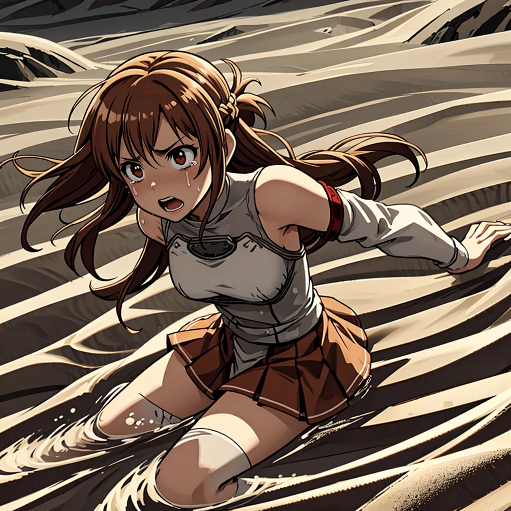 <lora:LCM_LoRA_Weights_SD15:1>,masterpiece,best quality,highly detailed,1girl,solo,scared,panicking,constricted pupils,screaming,raised eyebrows,wide-eyed,crying,tears,
<lora:asuna_(sao)_v1:0.7>,aaasuna,long hair,brown hair,braid,brown eyes,bare shoulders,armor,breastplate,white sleeves,detached sleeves,red skirt,pleated skirt,white thighhighs,
BREAK
<lora:sandSinking:0.4>,desert,in sand,sand dust,(((sinking in sand,submerged in sand))),