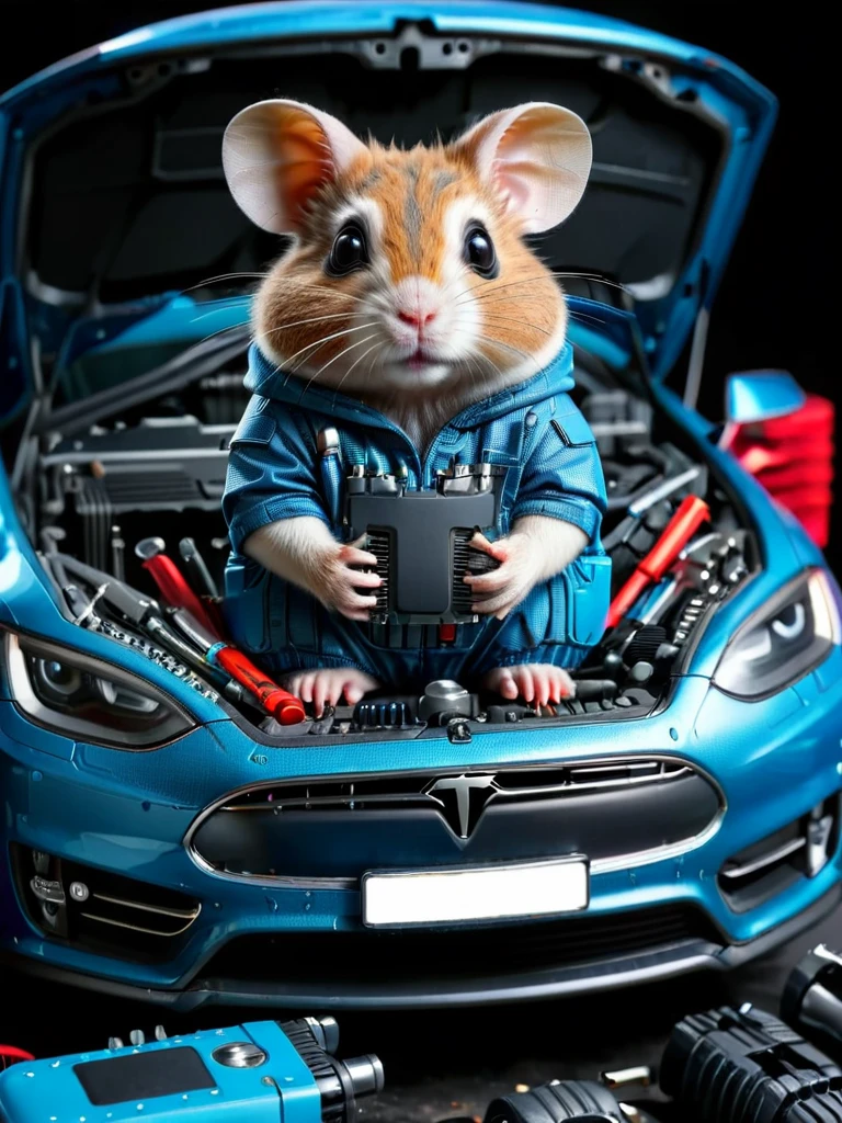 a tesla car with open hood, a hamster wearing car mechanic outfit with tools made of ral-semiconductor inside the engine <lora:ral-semiconductor:1>