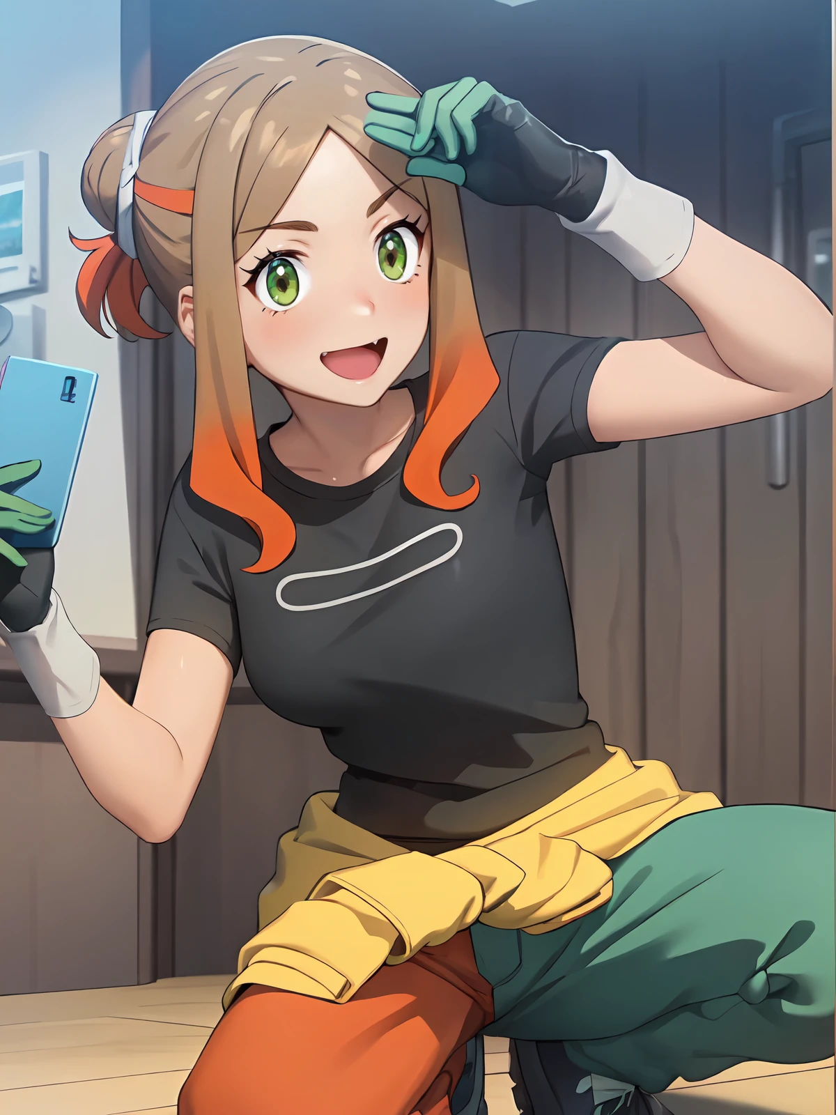 ((masterpiece,best quality)) (extremely detailed CG), (raytracing) (best quality), perfect face, shiny skin, lustrous skin, , depth of field,wide hips, narrow waist,  <lora:Orla-10:0.7>orla, brown hair, shirt, black shirt, green eyes, multicolored hair, short sleeves, sidelocks, gloves, clothes around waist, pants, orange pants, single hair bun, two-tone hair, hair bun,looking at viewer,squatting, :D <lora:GoodHands-beta2:1>hand