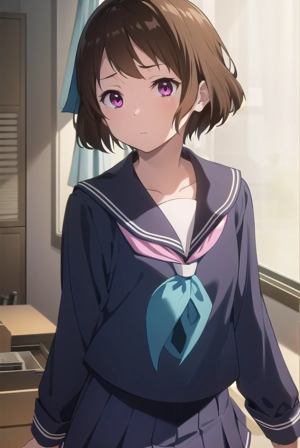 mayakaibara, <lora:mayaka ibara s1-lora-nochekaiser:1>,
mayaka ibara, short hair, brown hair, (pink eyes:1.3),
BREAK skirt, school uniform, serafuku, kamiyama high school uniform \(hyouka\), black skirt, long sleeves, black sailor collar, neckerchief, (blue neckerchief:1.5),
BREAK indoors, classroom,
BREAK looking at viewer, (cowboy shot:1.5),
BREAK <lyco:GoodHands-beta2:1>, (masterpiece:1.2), best quality, high resolution, unity 8k wallpaper, (illustration:0.8), (beautiful detailed eyes:1.6), extremely detailed face, perfect lighting, extremely detailed CG, (perfect hands, perfect anatomy),