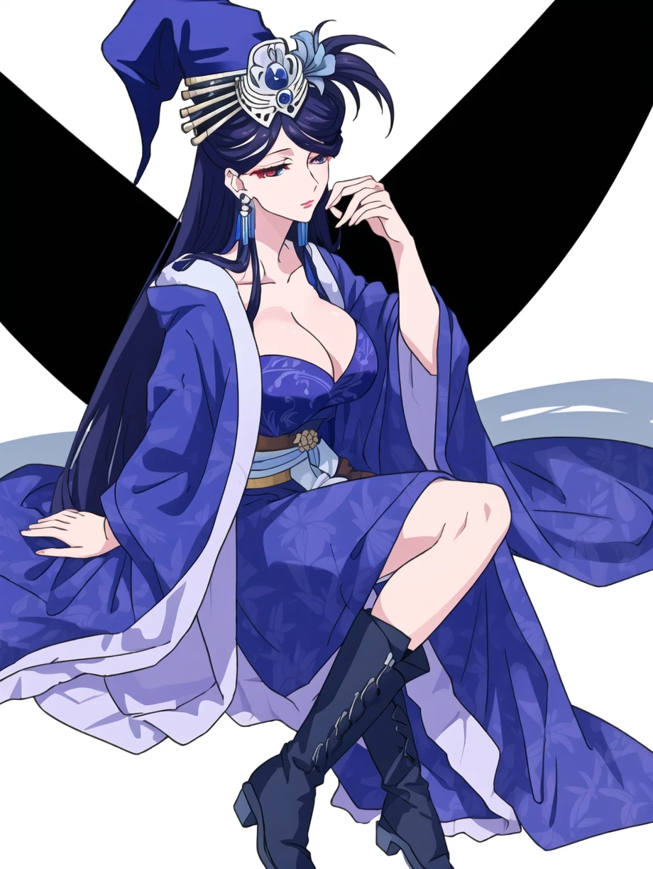solo, Lihua, earrings, witch hat, magician costume, robes, cloak, boots, hair flower, make up, (white background:1.1), 1girl, full body, beautiful eyes, sitting, large breasts,
<lora:kohakuV5_rev2:0.5>, <lora:linneamix_v74:0.3>, <lora:kusuriya_EP01to10-loha-bundle-30000:0.75>