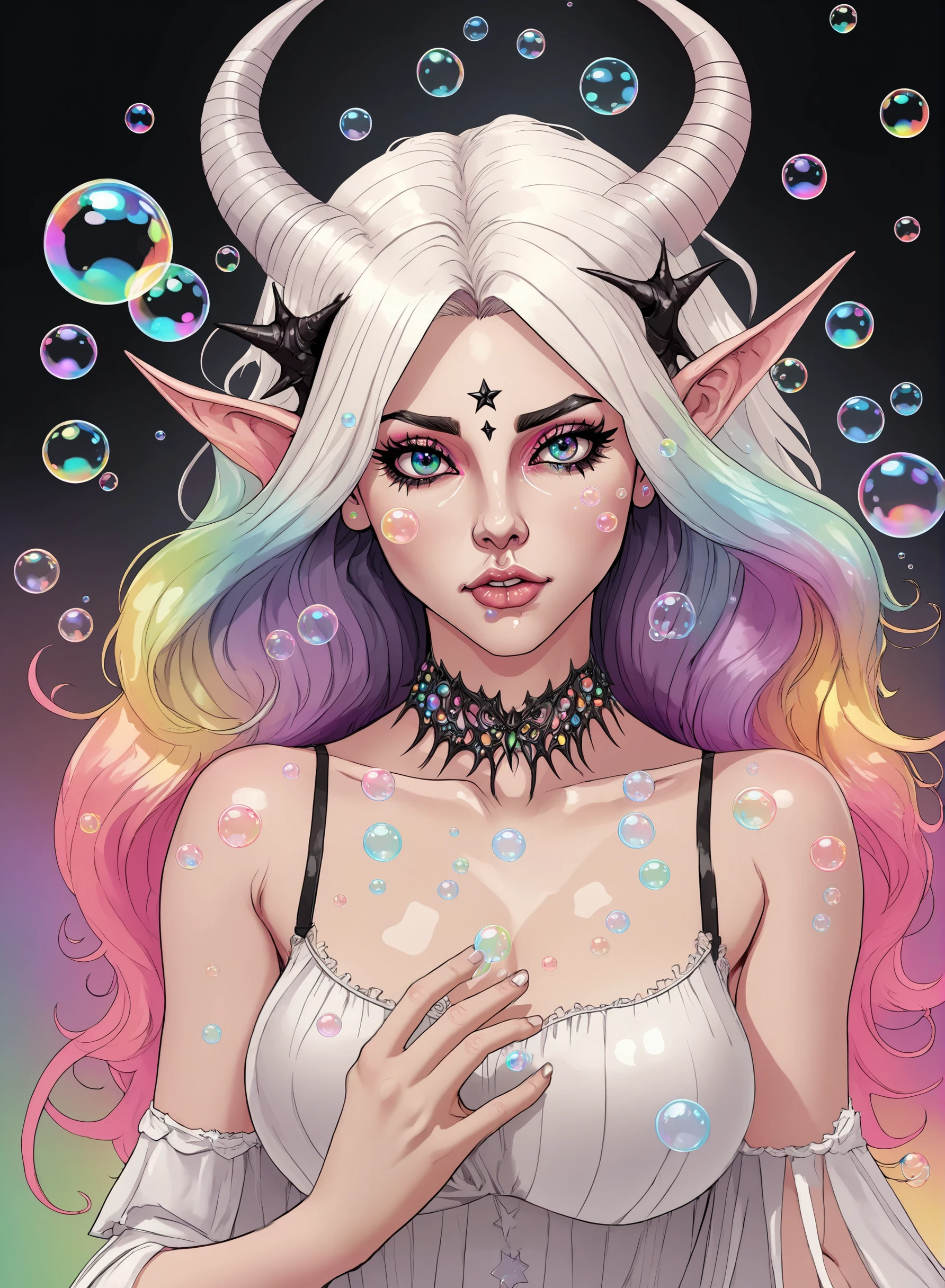 sexy girl, from the waist up, 1girl, adult, long iridescent long hair, rainbow colors,beautiful detailed eyes, symmetrical eyes, caucasian, collarbone, both hands up, armpits, iridescent horns, good posture, detailed white goth transparent dress with black decorations and shoulder straps, (very detailed background, highly detailed background), symmetrical, octane render, 35mm, bokeh, 9:16, (intricate details:1.12), (intricate details, hyperdetailed:1.15), (soft light, sharp:1.2), detailed, (backlighting), Succubus demon, (masterpiece, top quality, best quality, official art, beautiful and aesthetic:1.2), extremely detailed, colorful, highest detailed, clean facial features, upper body, (detailed light), (an extremely delicate and beautiful), a girl, cute & girly, upper body, two legs, sexy clothes inspired by clear bubbles, (beautiful detailed eyes), stars in the eyes, (((lots of big colorful Bubbles))), Iridescence, depth of field, bubbles around, flat color, vector art, negative space Alexander Jansson fantasy, (masterpiece, best quality, Succubus body), detailed background, high contrast