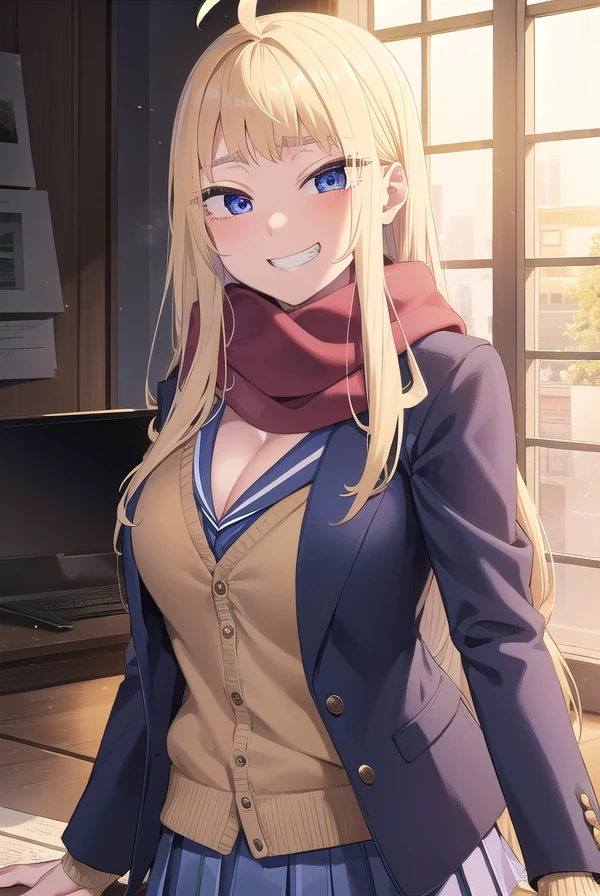 minamifuyuki, <lora:minami fuyuki manga-lora-nochekaiser:1>,
minami fuyuki, long hair, blonde hair, (purple eyes:1.1), ahoge, sidelocks, smile, grin,
BREAK cleavage, skirt, school uniform, jacket, pleated skirt, boots, scarf, blazer, cardigan, blue jacket, grey skirt, red scarf, pink cardigan,
BREAK indoors, classroom,
BREAK looking at viewer, (cowboy shot:1.5),
BREAK <lyco:GoodHands-beta2:1>, (masterpiece:1.2), best quality, high resolution, unity 8k wallpaper, (illustration:0.8), (beautiful detailed eyes:1.6), extremely detailed face, perfect lighting, extremely detailed CG, (perfect hands, perfect anatomy),
