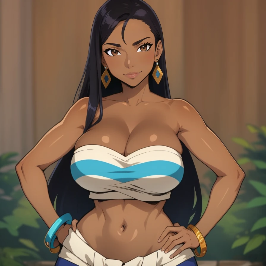 (masterpiece, best quality:1.2), Kisou, Cel-Shading, Thin Lineart, Soft Shading, Film Grain, 1girl, solo, smile, looking at viewer, bangs, black hair, dynamic pose, closed mouth, huge breasts, mature female, loincloth, tube top, bracelet, full body, earrings, brown eyes, hands on hips, midriff, dark skinned female, wide hips, collarbone, cleavage, <lora:chel_eldorado:.8>  <lora:Kisou Artstyle Lora:.8>