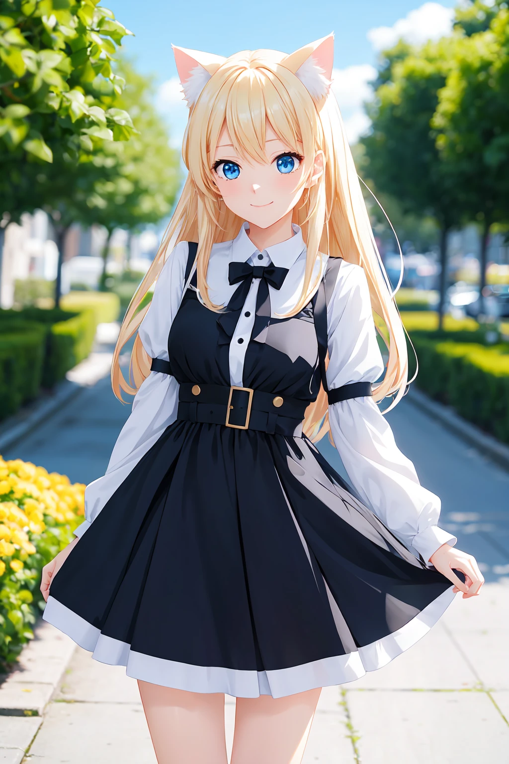 cat girl, fake cat ear, 1girl, top half body, breasts, looking at viewer, blushes, blue eyes, long hair, blonde hair, smile, daytime, sun rays, outside, black and white dress, leaning, depth of field, (blurry background:1.5), ^_^ <lora:GoodHands-beta2:1> <lora:more_details:0.15>, portrait of an anime person, aesthetic, wlop, trending on artstation, deviantart, anime key visual, 8k uhd