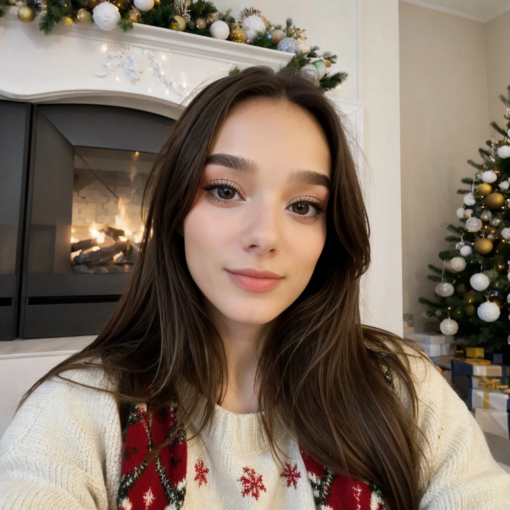 <lora:SeltiOF_sd15_512_128_64_v1:1> SeltiOF, 1girl adult, close up portrait picture of face, wearing a christmas sweater, christmas decoration cozy fireplace in background,