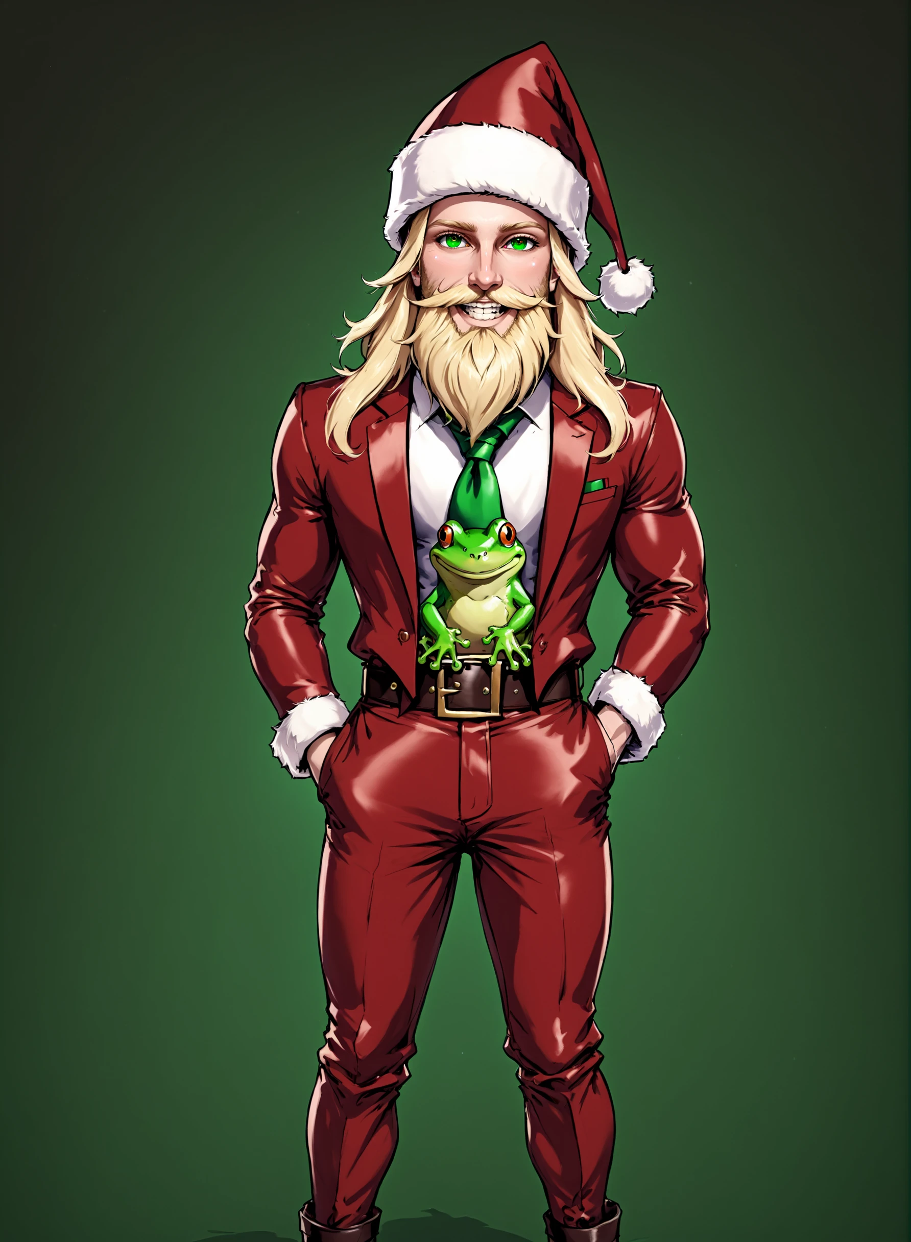 Santa Overlords Style, (masterpiece, best quality, ultra-detailed, best shadow), (detailed background, christmas fantasy), (beautiful detailed face), high contrast, (best illumination, an extremely delicate and beautiful), ((cinematic light)), looking at viewer, smile, blonde hair, 1boy, hat, green eyes, standing, male focus, necktie, belt, pants, black footwear, christmas, santa hat, santa costume, hands in pockets, frog, brown pants, realistic, christmas lights, christmas theme, perfect anatomy, <lora:SantaOverlordsXL:0.8>