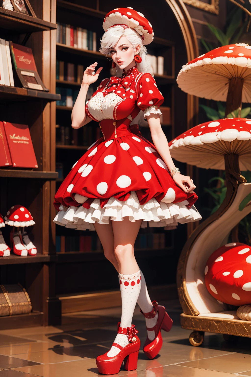 masterpiece, best quality, high quality, woman, <lora:detail_slider_v4:3>  <lora:age_slider_v2:3> <lora:mushydress:0.8> mushydress, dress, standing, full body, short sleeves, frills, puffy sleeves, red bow, puffy short sleeves, red dress, polka dot, white socks, red footwear, mushroom, platform footwear, polka dot dress, polka dot legwear, book store, long hair, white hair,