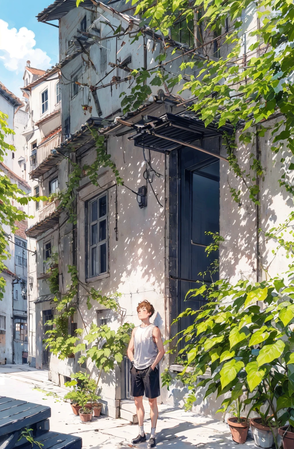 solo, outdoors, plant, tree, shorts, day, black shorts, 1boy, house, male focus, sky, building, scenery, shirt, standing, grass, shadow, potted plant, white shirt, socks, blue sky, brown hair, shoes, short hair, black footwear, sleeveless, wide shot, wall, window, white socks, looking at viewer, 1girl, best quality <lora:watercolor imagerya:0.78>