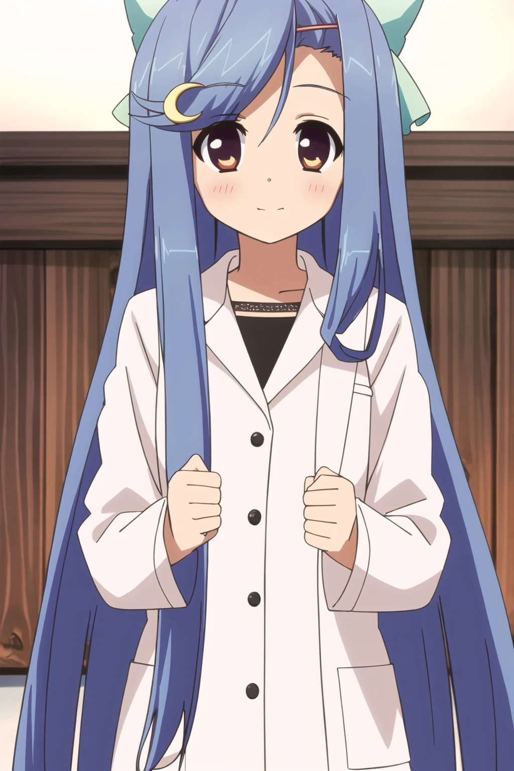 best quality,masterpiece,looking at viewer,huge filesize,full body,
Doctorâs White Coat, <lora:007-æ¶åæç©ºçæ¡¥-è¤å éé³V2:0.7> toudou kasane,blue hair,long hair,hair ornament,hairclip,bow,crescent,hair bow,crescent hair ornament,very long hair,brown eyes,