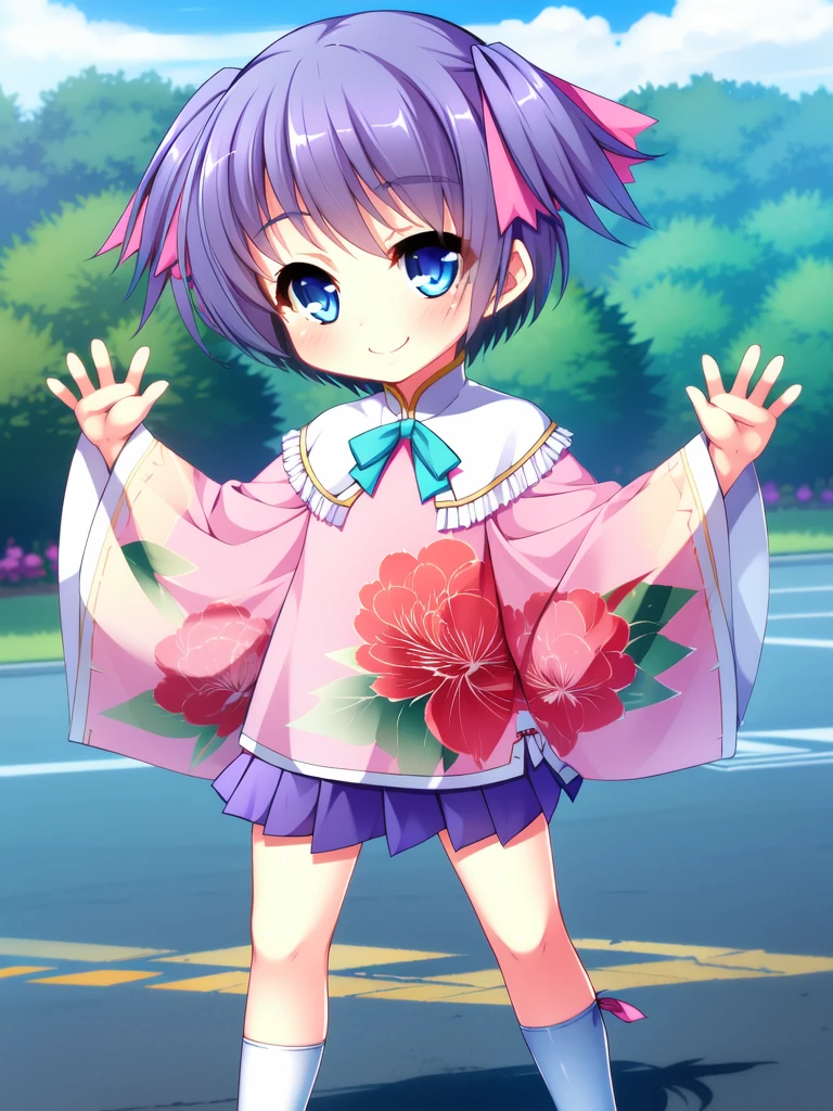 <lora:Riri:0.9>Riri, 1girl, solo, blue eyes, purple hair, smile, skirt, short hair, full body, ribbon, socks, shoes, pink footwear, flower, twintails, wide sleeves, floral print, two side up, hair ribbon, white socks, standing, looking at viewer, pleated skirt, long sleeves, blush, child