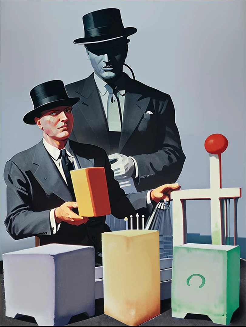 a man in a suit and hat holding a large stack of colorful blocks with a man, ihap hulusi görey style <lora:ihap:1>