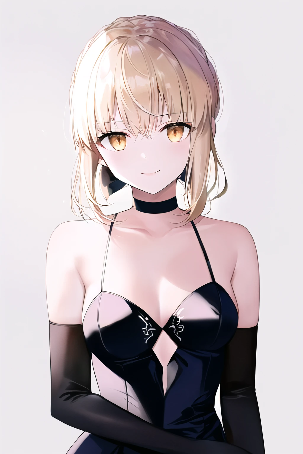 (high quality, high resolution:1.3), 4k, masterpiece, (simple background, white background:1.3), 
BREAK 
<lora:Saber_Alter-12:0.85>  Saber_Alter, choker, dress, black dress, black ribbon, bare shoulders, smile, elbow gloves, black choker, cleavage, standing, upper body, cowboy shot,<lora:GoodHands-beta2:1.0><lora:GoodHands-beta2:1.0>