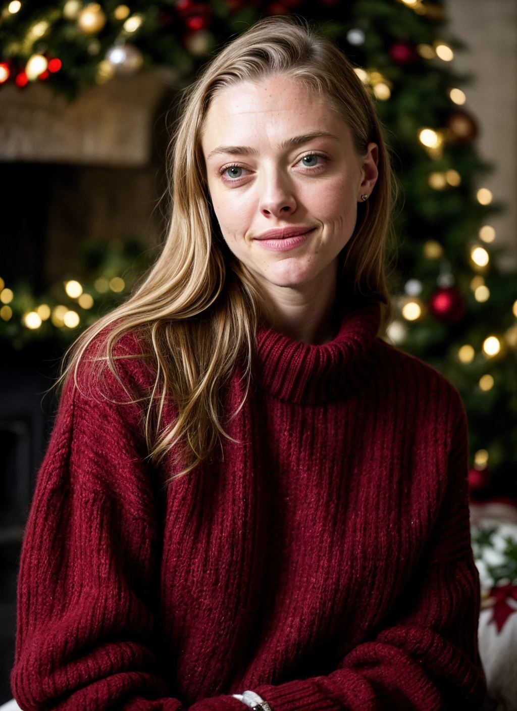RAW photo of 20 years old amandaseyfried-ti, natural lighting, 8k uhd, dslr, high quality, film grain, Fujifilm XT3, <lora:add_detail:0.7>, by Peter Lindbergh, christmas theme, young, sweater