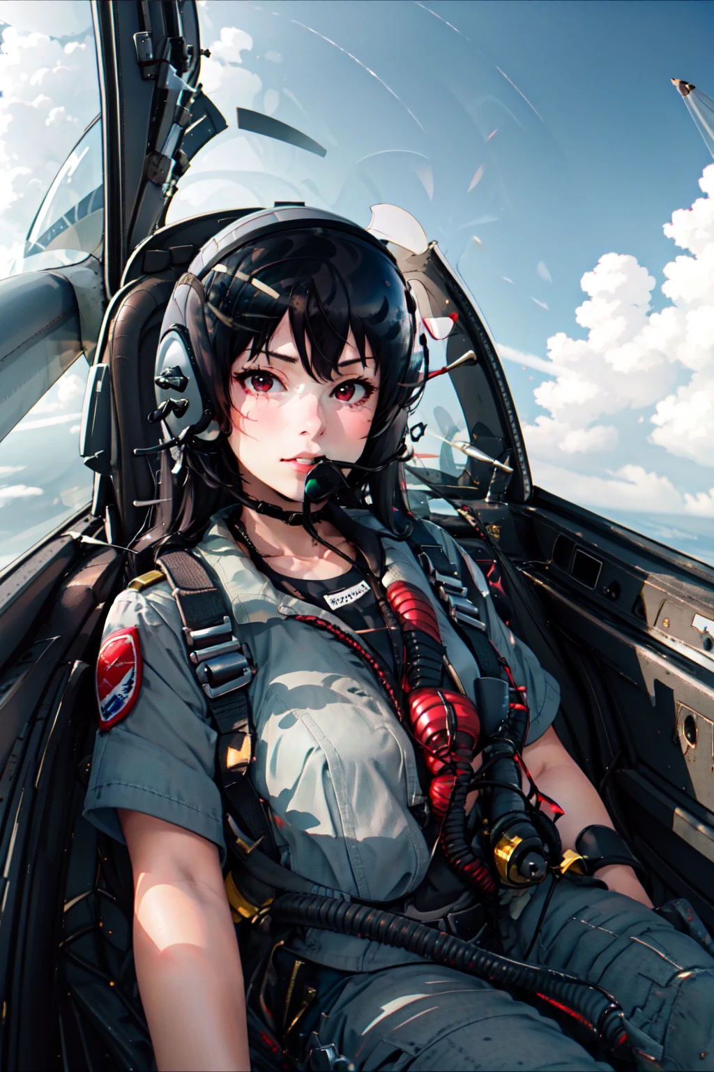 <lora:yomama_fighter_jet_pilot_selfie-10:0.7>yomama_fighter_jet_pilot_selfie,1 girl, sits inside a fighter jet, rainbow, cloud, <lora:Nevin:0.8> Nevin, red eyes, white shirt