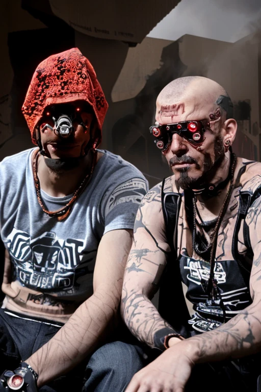 <lora:rudev_Maelstrom:1>, maelstrom face, two mans sitting, casual wear, ghetto and smoke in background