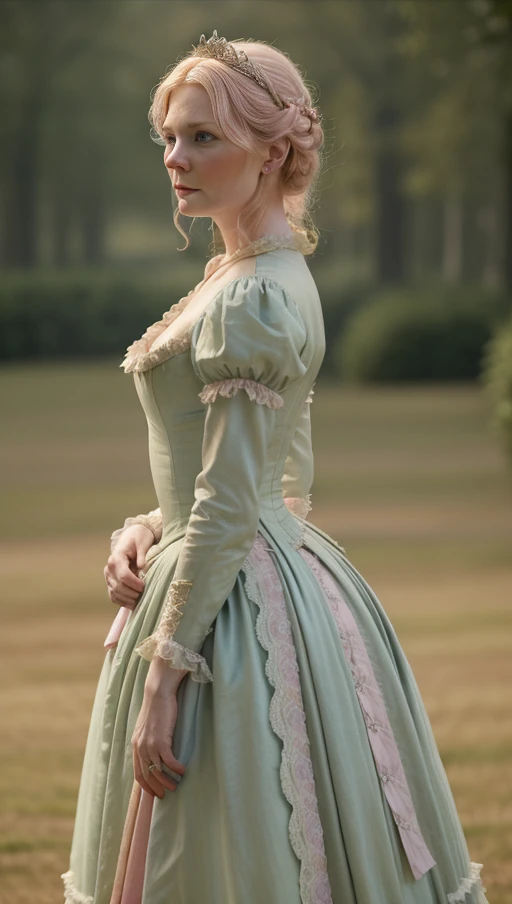 high quality photo of a woman standing, (mantoinette1:0.8), pastel colours, pinks and light green, kirsten dunst
