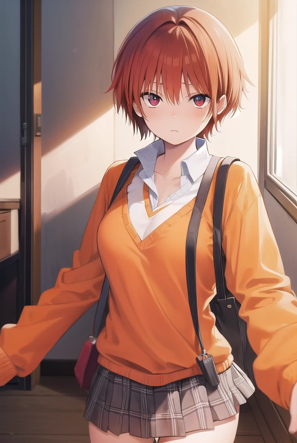 tomonanba, <lora:tomo nanba manga-lora-nochekaiser:1>,
tomo nanba, short hair, (red hair:1.5), (red eyes:1.3),
BREAK skirt, plaid, plaid skirt, sweater, long sleeves, shirt, white shirt, collared shirt, (orange sweater:1.5),
BREAK indoors, classroom,
BREAK looking at viewer, (cowboy shot:1.5),
BREAK <lyco:GoodHands-beta2:1>, (masterpiece:1.2), best quality, high resolution, unity 8k wallpaper, (illustration:0.8), (beautiful detailed eyes:1.6), extremely detailed face, perfect lighting, extremely detailed CG, (perfect hands, perfect anatomy),
